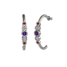 Minimal 5 Taşlı Küpe - Ametist, beyaz zirkon ve garnet 14 ayar beyaz altın küpe #883c9c