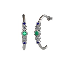 Minimal 5 Taşlı Küpe - Kök zümrüt, pırlanta ve lab safir 18 ayar beyaz altın küpe (0.08 karat) #97u9cs