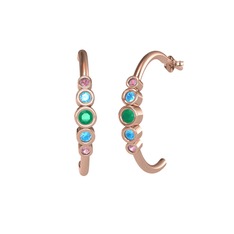 Kök zümrüt, akuamarin ve pembe kuvars 8 ayar rose altın küpe