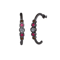 Minimal 5 Taşlı Küpe - Pırlanta, rodolit garnet ve dumanlı kuvars 925 ayar siyah rodyum kaplama gümüş küpe (0.12 karat) #am3n8j