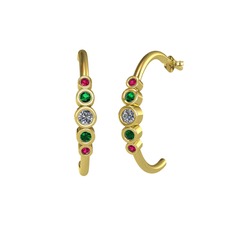 Minimal 5 Taşlı Küpe - Pırlanta, yeşil kuvars ve rodolit garnet 18 ayar altın küpe (0.12 karat) #b219a0