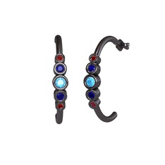 Minimal 5 Taşlı Küpe - Akuamarin, lab safir ve garnet 925 ayar siyah rodyum kaplama gümüş küpe #ebxadn