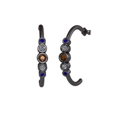 Minimal 5 Taşlı Küpe - Dumanlı kuvars, pırlanta ve lab safir 925 ayar siyah rodyum kaplama gümüş küpe (0.08 karat) #ercee6