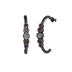 Minimal 5 Taşlı Küpe - Pırlanta, dumanlı kuvars ve ametist 925 ayar siyah rodyum kaplama gümüş küpe (0.12 karat) #g25pqw