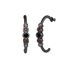 Siyah zirkon, dumanlı kuvars ve pırlanta 925 ayar siyah rodyum kaplama gümüş küpe (0.08 karat)