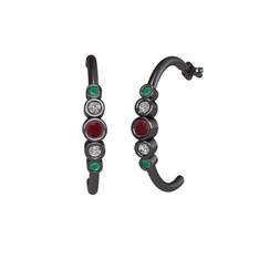 Minimal 5 Taşlı Küpe - Kök yakut, beyaz zirkon ve kök zümrüt 925 ayar siyah rodyum kaplama gümüş küpe #gqqccj