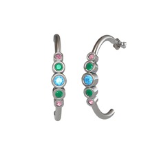 Minimal 5 Taşlı Küpe - Akuamarin, kök zümrüt ve pembe kuvars 8 ayar beyaz altın küpe #h194ln