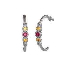 Minimal 5 Taşlı Küpe - Rodolit garnet, sitrin ve pırlanta 925 ayar gümüş küpe (0.08 karat) #h422fm