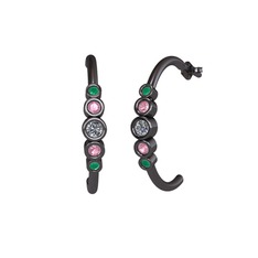 Minimal 5 Taşlı Küpe - Pırlanta, pembe kuvars ve kök zümrüt 925 ayar siyah rodyum kaplama gümüş küpe (0.12 karat) #hemket