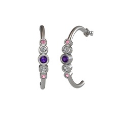 Minimal 5 Taşlı Küpe - Ametist, swarovski ve pembe kuvars 14 ayar beyaz altın küpe #i8zmrl