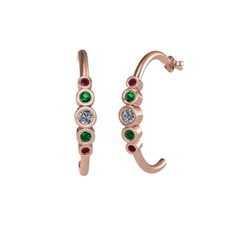 Minimal 5 Taşlı Küpe - Pırlanta, yeşil kuvars ve kök yakut 8 ayar rose altın küpe (0.12 karat) #j64519