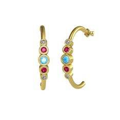Akuamarin, rodolit garnet ve swarovski 18 ayar altın küpe