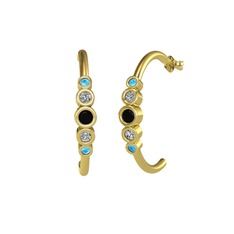 Siyah zirkon, beyaz zirkon ve akuamarin 18 ayar altın küpe