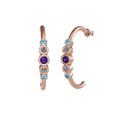 Minimal 5 Taşlı Küpe - Ametist, pırlanta ve akuamarin 8 ayar rose altın küpe (0.08 karat) #k750ju
