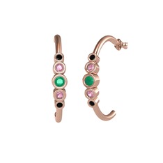 Minimal 5 Taşlı Küpe - Kök zümrüt, pembe kuvars ve siyah zirkon 14 ayar rose altın küpe #kh027v