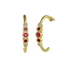 Minimal 5 Taşlı Küpe - Rodolit garnet, kök yakut ve beyaz zirkon 18 ayar altın küpe #khmebq