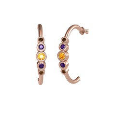 Minimal 5 Taşlı Küpe - Sitrin, ametist ve dumanlı kuvars 8 ayar rose altın küpe #lj11e2