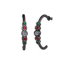 Minimal 5 Taşlı Küpe - Pırlanta, garnet ve yeşil kuvars 925 ayar siyah rodyum kaplama gümüş küpe (0.12 karat) #lkoauu