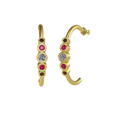 Minimal 5 Taşlı Küpe - Pırlanta, rodolit garnet ve dumanlı kuvars 8 ayar altın küpe (0.12 karat) #mjw3xx