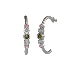Peridot, beyaz zirkon ve pembe kuvars 8 ayar beyaz altın küpe