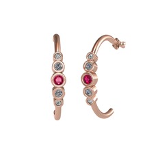 Minimal 5 Taşlı Küpe - Rodolit garnet, pırlanta ve beyaz zirkon 14 ayar rose altın küpe (0.08 karat) #nt84ll