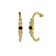 Siyah zirkon, swarovski ve pembe kuvars 14 ayar altın küpe