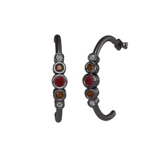 Kök yakut, dumanlı kuvars ve pırlanta 925 ayar siyah rodyum kaplama gümüş küpe (0.08 karat)