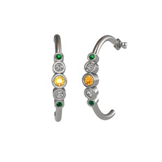 Minimal 5 Taşlı Küpe - Sitrin, swarovski ve yeşil kuvars 18 ayar beyaz altın küpe #p3s5xz