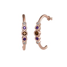 Minimal 5 Taşlı Küpe - Dumanlı kuvars, ametist ve swarovski 8 ayar rose altın küpe #pb13m4