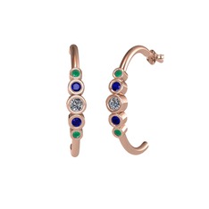 Minimal 5 Taşlı Küpe - Pırlanta, lab safir ve kök zümrüt 8 ayar rose altın küpe (0.12 karat) #pmthbt