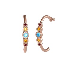 Minimal 5 Taşlı Küpe - Akuamarin, sitrin ve kök yakut 18 ayar rose altın küpe #pu90cp