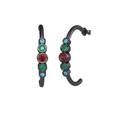 Minimal 5 Taşlı Küpe - Garnet, kök zümrüt ve akuamarin 925 ayar siyah rodyum kaplama gümüş küpe #qh3sz9