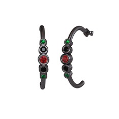 Minimal 5 Taşlı Küpe - Garnet, siyah zirkon ve yeşil kuvars 925 ayar siyah rodyum kaplama gümüş küpe #ris8w2