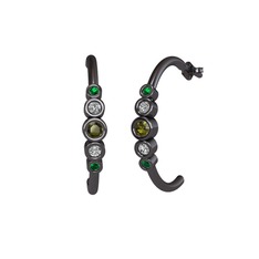 Peridot, swarovski ve yeşil kuvars 925 ayar siyah rodyum kaplama gümüş küpe