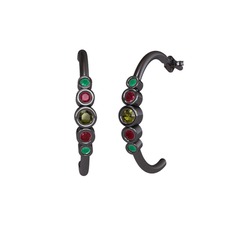 Minimal 5 Taşlı Küpe - Peridot, kök yakut ve kök zümrüt 925 ayar siyah rodyum kaplama gümüş küpe #styh15