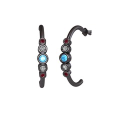 Minimal 5 Taşlı Küpe - Akuamarin, swarovski ve kök yakut 925 ayar siyah rodyum kaplama gümüş küpe #tybal3