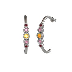 Minimal 5 Taşlı Küpe - Sitrin, pembe kuvars ve kök yakut 8 ayar beyaz altın küpe #u37bcv