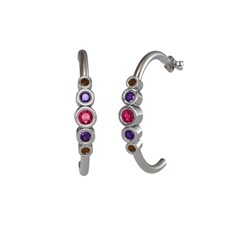 Rodolit garnet, ametist ve dumanlı kuvars 18 ayar beyaz altın küpe