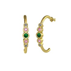 Minimal 5 Taşlı Küpe - Yeşil kuvars, pembe kuvars ve pırlanta 18 ayar altın küpe (0.08 karat) #um70nt