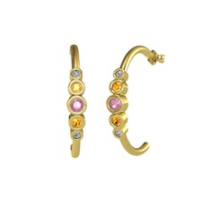 Minimal 5 Taşlı Küpe - Pembe kuvars, sitrin ve beyaz zirkon 18 ayar altın küpe #upd2az