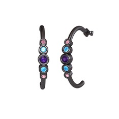 Minimal 5 Taşlı Küpe - Ametist, akuamarin ve pembe kuvars 925 ayar siyah rodyum kaplama gümüş küpe #w2yuet