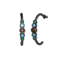 Minimal 5 Taşlı Küpe - Dumanlı kuvars, akuamarin ve kök zümrüt 925 ayar siyah rodyum kaplama gümüş küpe #wle2px