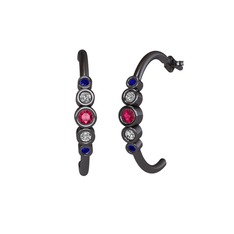 Minimal 5 Taşlı Küpe - Rodolit garnet, swarovski ve lab safir 925 ayar siyah rodyum kaplama gümüş küpe #x6euu3