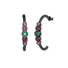 Minimal 5 Taşlı Küpe - Kök zümrüt, rodolit garnet ve swarovski 925 ayar siyah rodyum kaplama gümüş küpe #xa1s9q