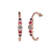 Minimal 5 Taşlı Küpe - Pırlanta, rodolit garnet ve ametist 14 ayar rose altın küpe (0.12 karat) #y6e7dr