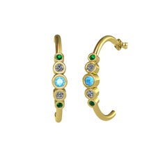 Minimal 5 Taşlı Küpe - Akuamarin, pırlanta ve yeşil kuvars 18 ayar altın küpe (0.08 karat) #y79sdz