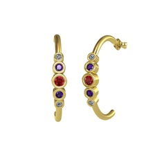 Minimal 5 Taşlı Küpe - Garnet, ametist ve pırlanta 18 ayar altın küpe (0.08 karat) #ydlg9u