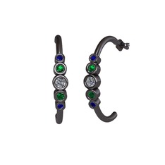 Minimal 5 Taşlı Küpe - Pırlanta, yeşil kuvars ve lab safir 925 ayar siyah rodyum kaplama gümüş küpe (0.12 karat) #yqfnul