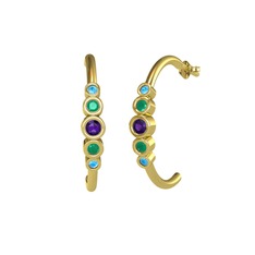 Minimal 5 Taşlı Küpe - Ametist, kök zümrüt ve akuamarin 18 ayar altın küpe #z8q128