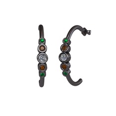 Pırlanta, dumanlı kuvars ve yeşil kuvars 925 ayar siyah rodyum kaplama gümüş küpe (0.12 karat)